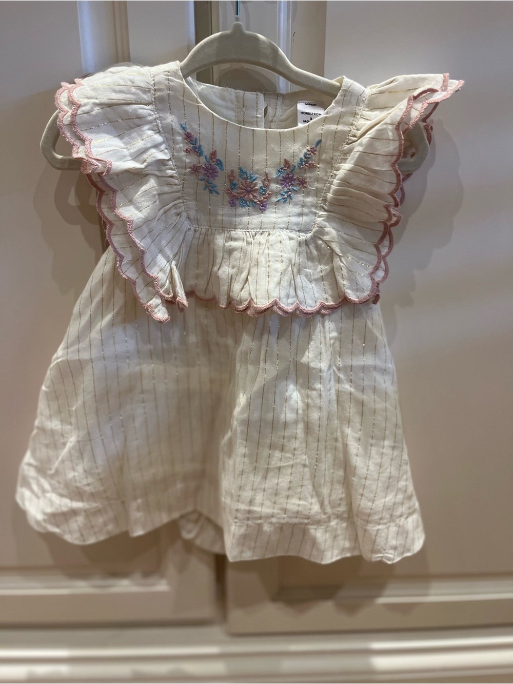 Nordstrom Ivory Dressy Ruffle-Yoke Top Pink Trim matching bloomer diaper cover